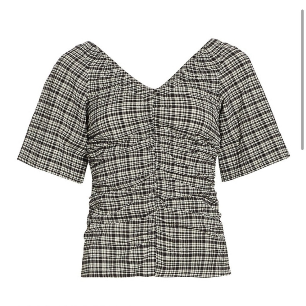 Ganni Seersucker V-neck Blouse Black Mini Check size 4